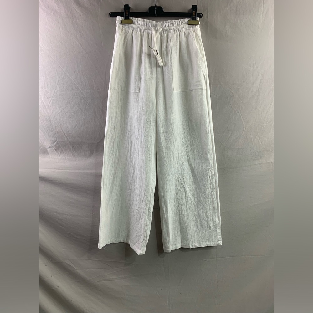100% Cotton Drawstring Waist Wide Leg Pants White - Picture 6 of 7